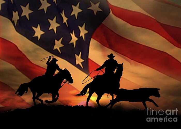 Western Greeting Card featuring the photograph American Cowboy, Team Ropers with American Flag by Stephanie Laird