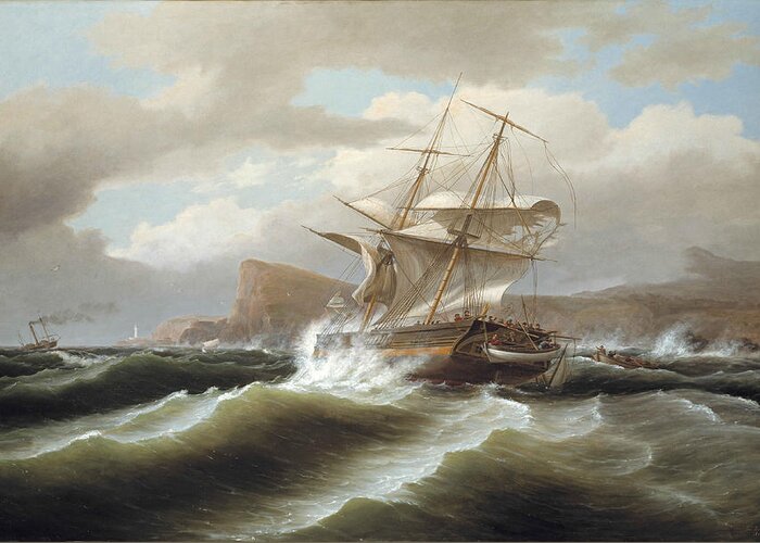 Thomas Birch Greeting Card featuring the painting An American Ship in Distress by Thomas Birch