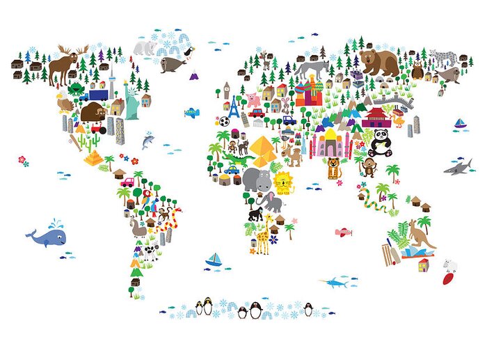 Map Of The World Greeting Card featuring the digital art Animal Map of the World for children and kids by Michael Tompsett