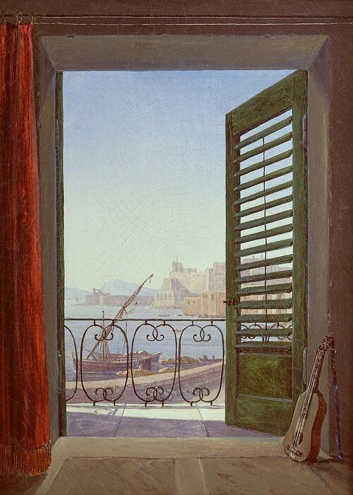 Balcony Room With A View Of The Bay Of Naples  By Carl Gustav Carus Greeting Card featuring the painting Balcony Room with a View of the Bay of Naples #1 by MotionAge Designs