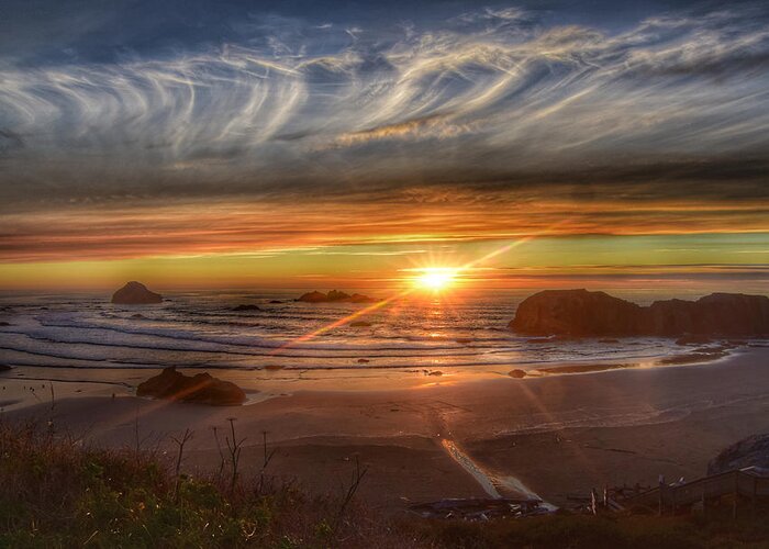 Bandon-oregon Greeting Card featuring the photograph Bandon Sunset #1 by Bonnie Bruno