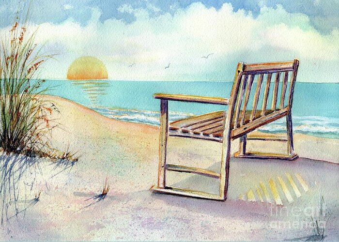 Beach Greeting Card featuring the painting Beach Bench by Midge Pippel