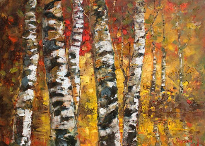 Landscape Greeting Card featuring the painting Birch trees in Golden Fall by Ylli Haruni