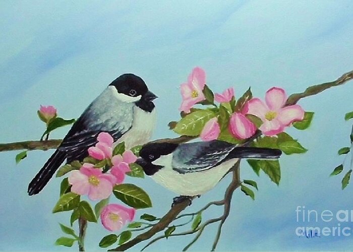 Birds Greeting Card featuring the painting Birds and Blossoms #1 by Peggy Miller