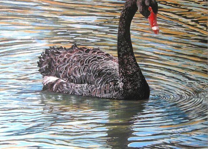 Black Swan Greeting Card featuring the painting Black Swan on Water #1 by Leonie Bell