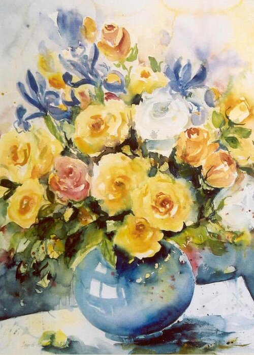 Ingrid Dohm Greeting Card featuring the painting Blue Vase #1 by Ingrid Dohm
