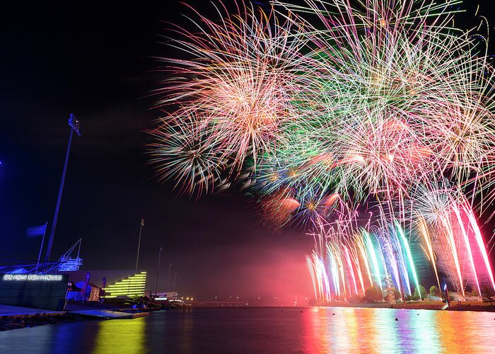 Fireworks Greeting Card featuring the photograph Boathouse Fireworks #1 by Ricky Barnard