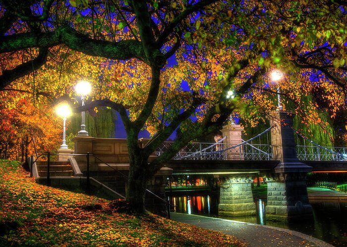 Boston Greeting Card featuring the photograph Boston Public Garden Lagoon Bridge in Autumn #1 by Joann Vitali