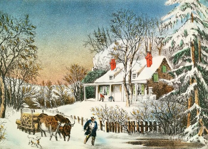 Bringing Greeting Card featuring the painting Bringing Home the Logs by Currier and Ives