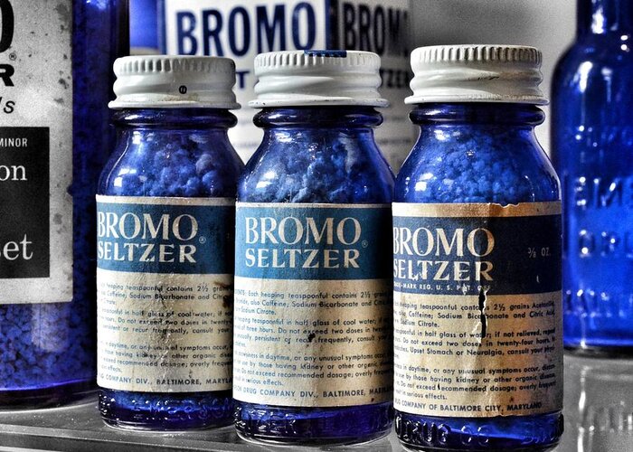 Bromo Seltzer Vintage Glass Bottles Greeting Card featuring the photograph Bromo Seltzer Vintage Glass Bottles Collection #1 by Marianna Mills