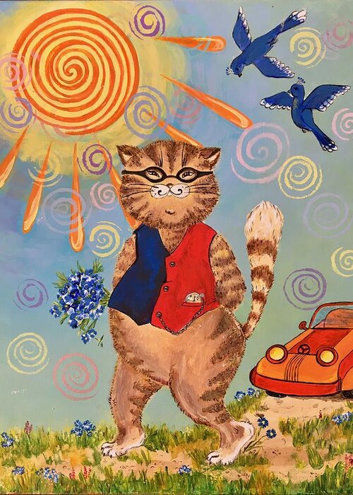 Cat With Flower Greeting Card featuring the painting Cat #2 by Ella Boughton