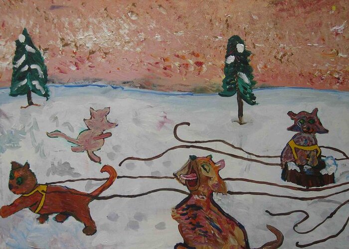 Cats Greeting Card featuring the painting Cat Sled Team Left #1 by AJ Brown