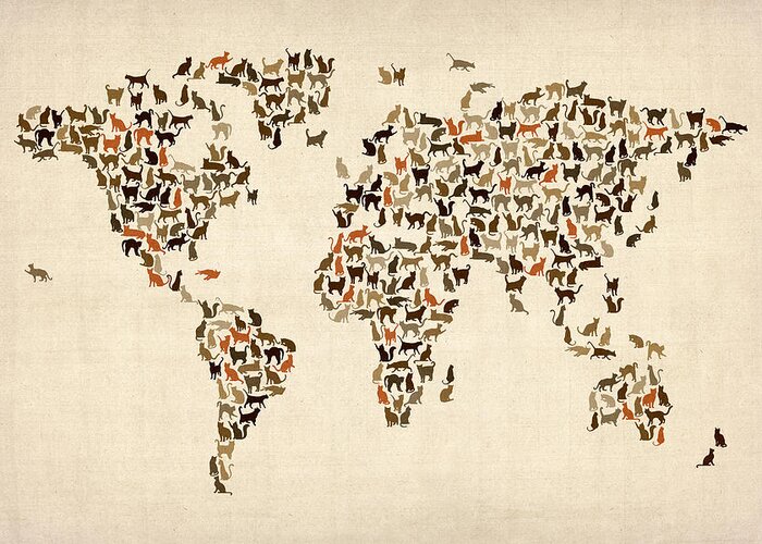 World Map Greeting Card featuring the digital art Cats Map of the World Map #1 by Michael Tompsett