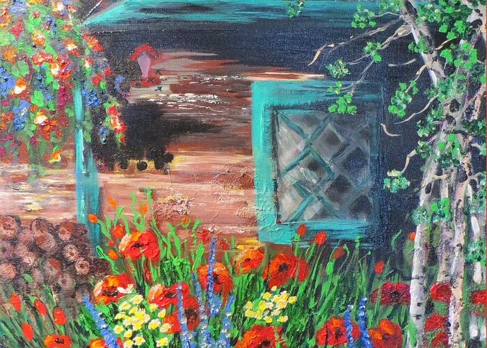 Cabin Greeting Card featuring the painting Chicago Creek Cabin by Marilyn Quigley
