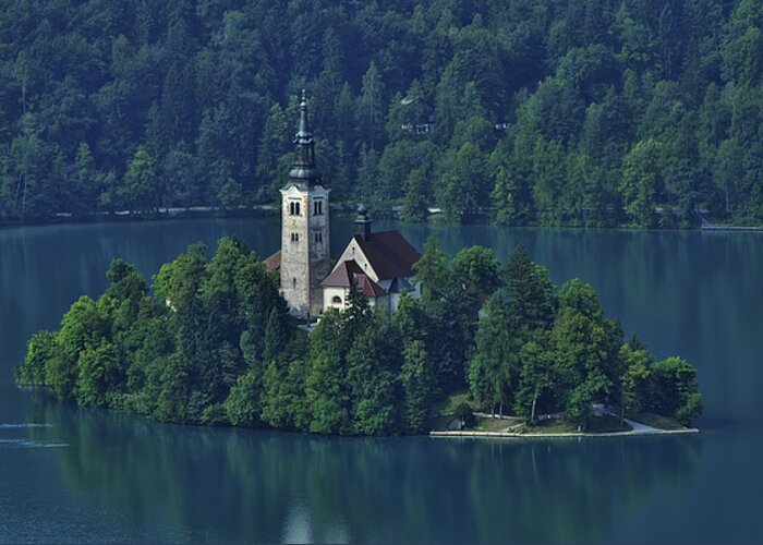Slovenia Greeting Card featuring the photograph Church of Mary on Bled Island #1 by Don Wolf