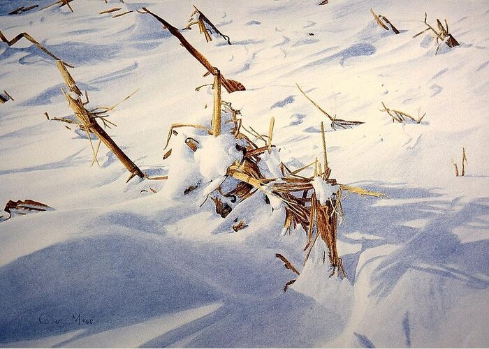 Winter Greeting Card featuring the painting Cornfield under Snowdrifts by Conrad Mieschke