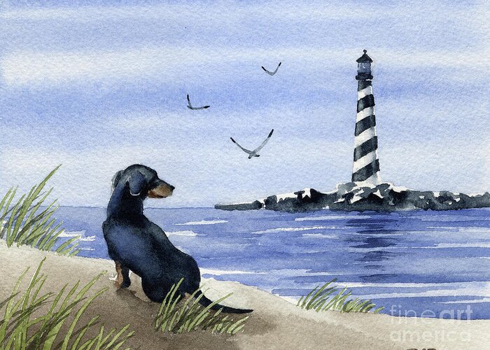 Dachshund Greeting Card featuring the painting Dachshund at the Beach #1 by David Rogers