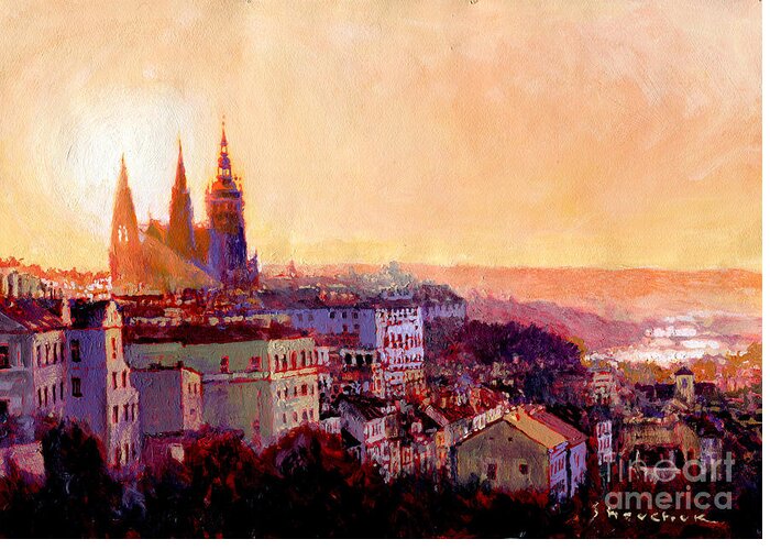 Acrilic Greeting Card featuring the painting Sundown over Prague by Yuriy Shevchuk