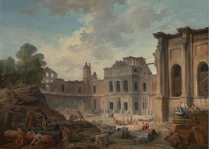 Hubert Robert Greeting Card featuring the painting Demolition of the Chateau of Meudon by Hubert Robert