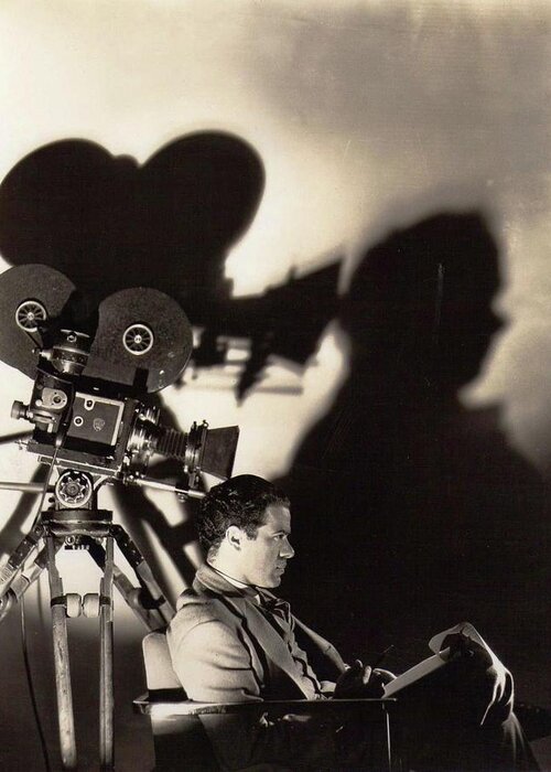 Director Frank Capra With Cinematographer Joseph Walker's Camera Greeting Card featuring the photograph Director Frank Capra with cinematographer Joseph Walker's camera, c.1931-2014 #2 by David Lee Guss