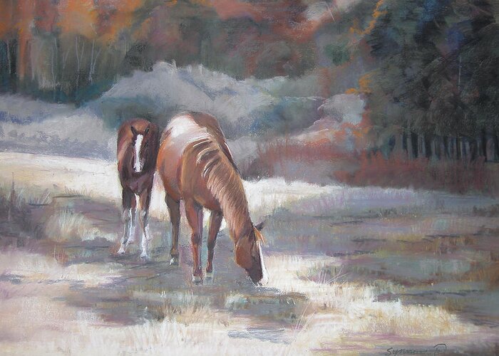 Horses By The Woods Greeting Card featuring the painting Edge of the Woods #1 by Synnove Pettersen
