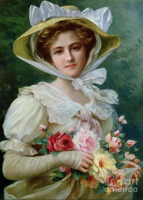 Elegant Lady With A Bouquet Of Roses Greeting Card featuring the painting Elegant lady with a bouquet of roses by Emile Vernon