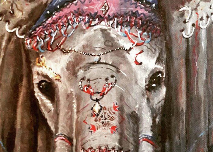 Jewelery Greeting Card featuring the painting Elephant in Jewelry by Medea Ioseliani
