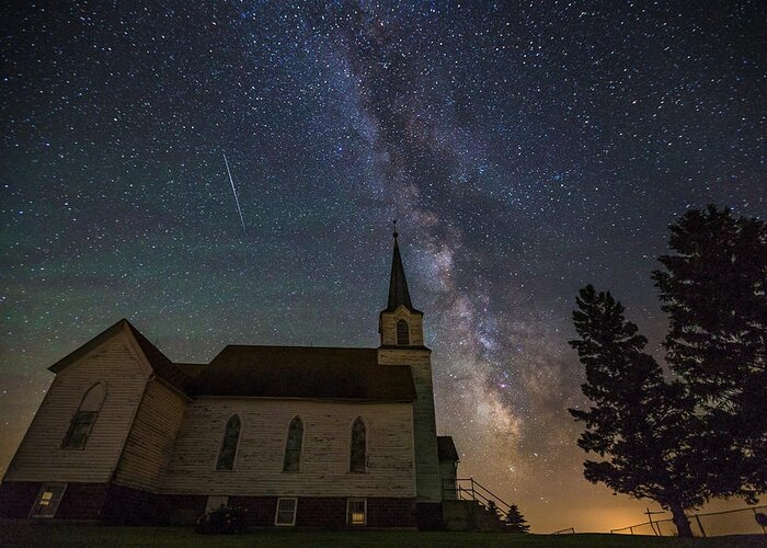 #canon #cemetary #dark Places #faith #galaxy #long Exposure #meteor #milky Way #nigt #old Church #oslo #solstice #south Dakota #space Greeting Card featuring the photograph Faith #1 by Aaron J Groen