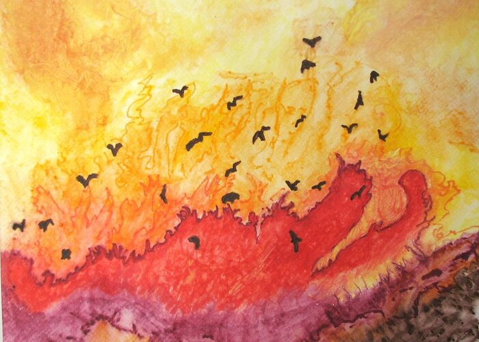 Birds Greeting Card featuring the painting Fire Birds by Patricia Arroyo