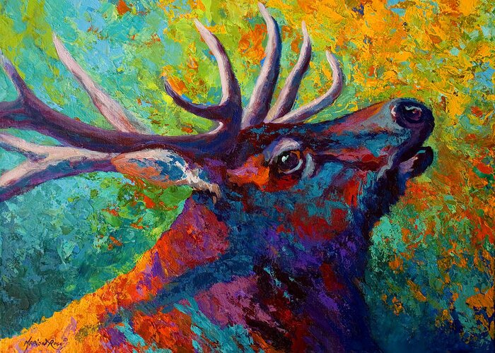 Elk Greeting Card featuring the painting Forest Echo - Bull Elk #1 by Marion Rose