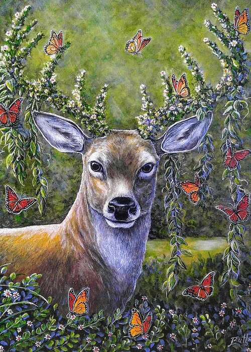 Deer Stag Forest Nature Butterfly Greeting Card featuring the painting Forest Monarch #1 by Gail Butler