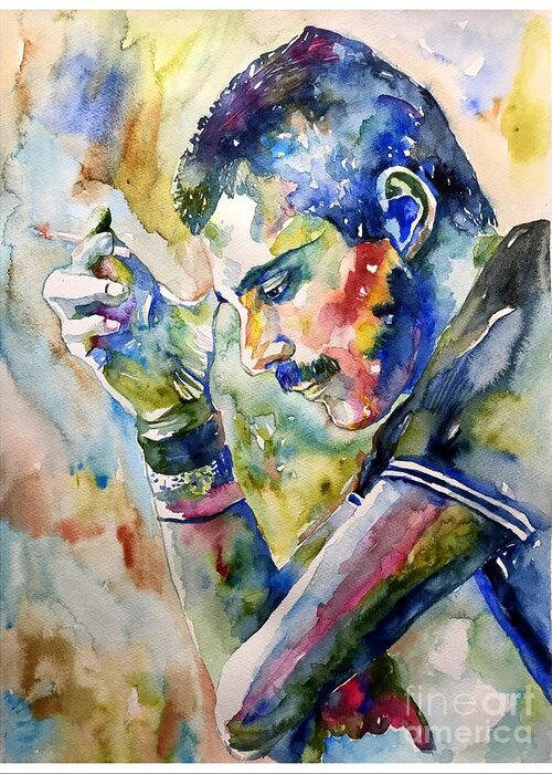 Freddie Greeting Card featuring the painting Freddie Mercury watercolor by Suzann Sines