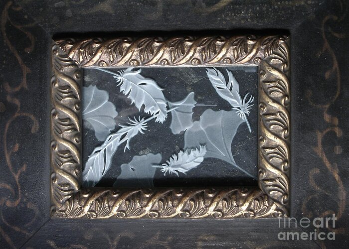 Black Greeting Card featuring the glass art Ginko Leaves and Feathers by Alone Larsen