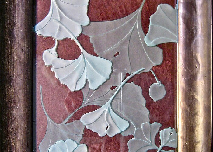 Red Greeting Card featuring the glass art Ginko Leaves on Red by Alone Larsen