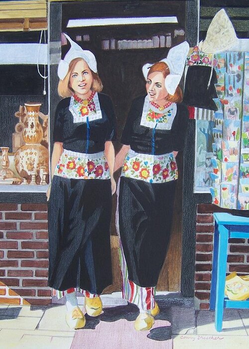 Girls Greeting Card featuring the mixed media Girls in Dutch costume #1 by Constance Drescher