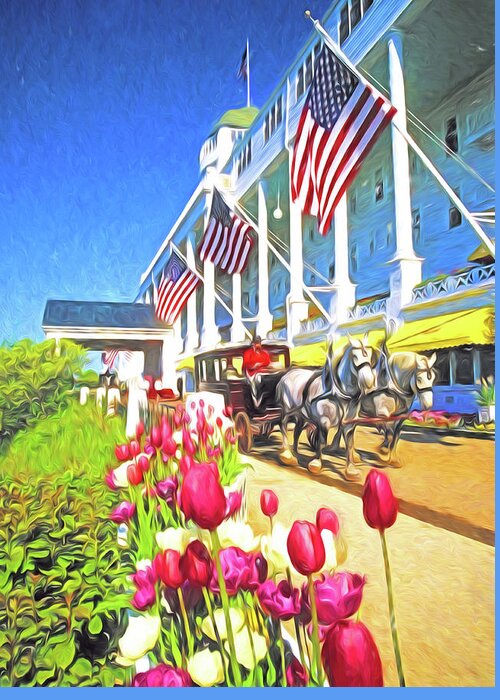 Michigan Greeting Card featuring the digital art Grand Hotel Carriage #1 by Dennis Cox