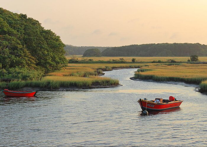 Harwich Greeting Card featuring the photograph Herring River and Red Boats Cape Cod #1 by John Burk