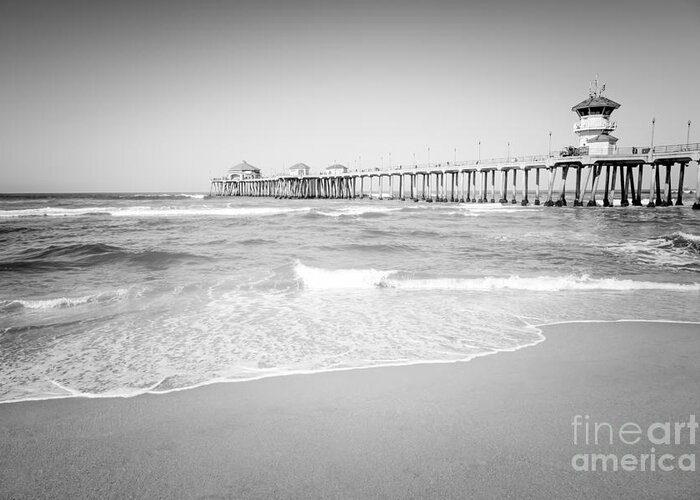 America Greeting Card featuring the photograph Huntington Beach Pier Black and White Photo #2 by Paul Velgos