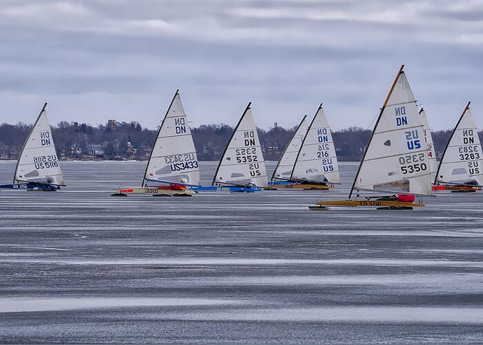 Ice Boats Greeting Card featuring the photograph ice sailing - Madison - Wisconsin by Steven Ralser