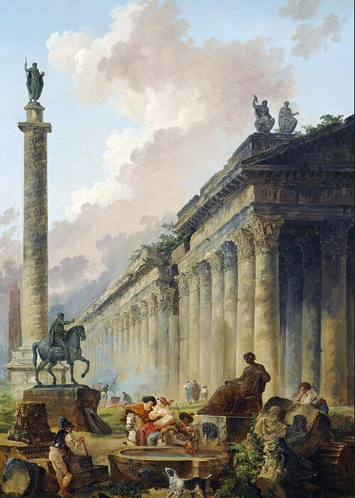 Hubert Robert Greeting Card featuring the painting Imaginary View of Rome with Equestrian Statue of Marcus Aurelius, the Column of Trajan and a Temple by Hubert Robert