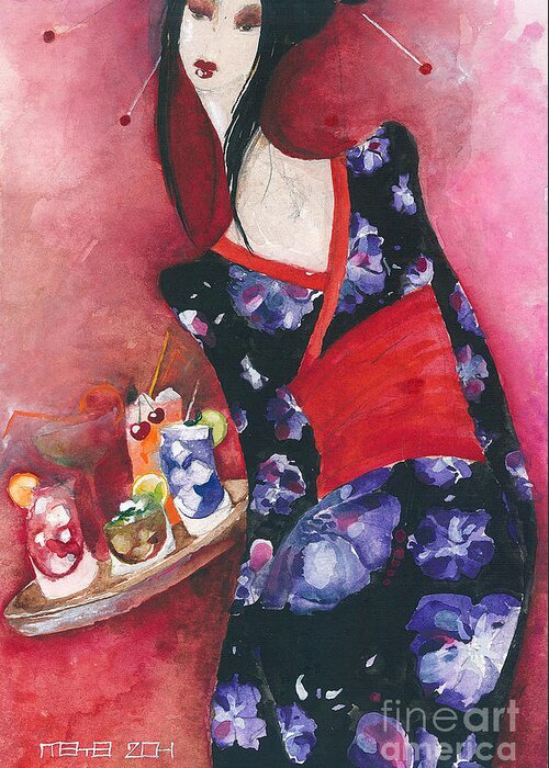 Woman Greeting Card featuring the painting Japanese girl #1 by Maya Manolova