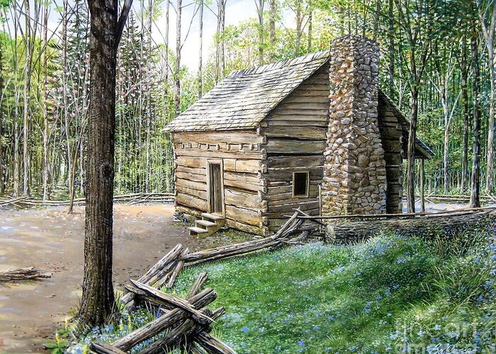 Landscape Greeting Card featuring the painting John Ownby Cabin #1 by Bob George