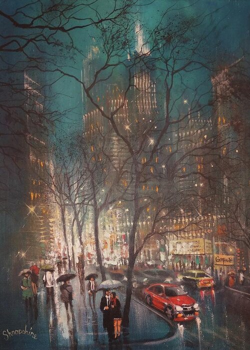 Night In The City Greeting Card featuring the painting Just the two of us by Tom Shropshire