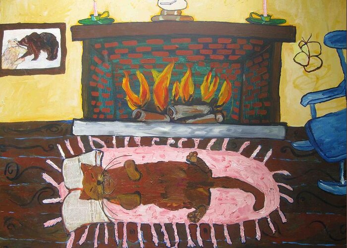 Cat Sleeping Greeting Card featuring the painting Lazy Melting Cat #1 by AJ Brown