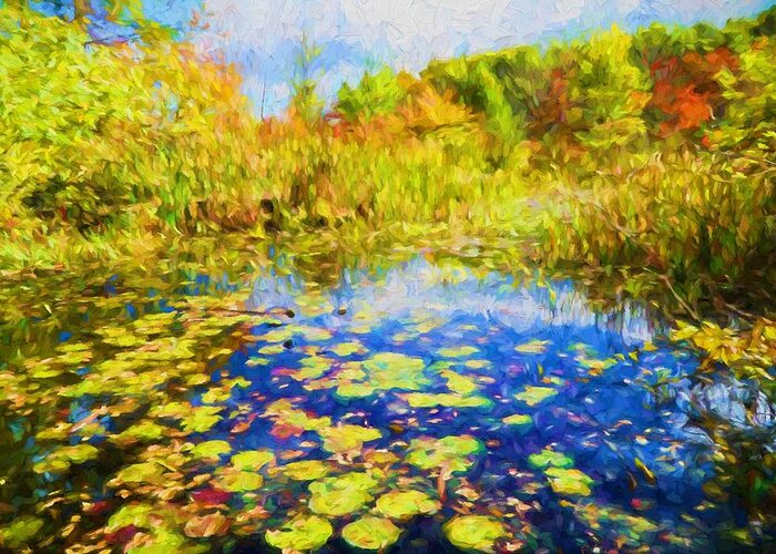 Autumn Greeting Card featuring the painting Lily Pond by Lilia D