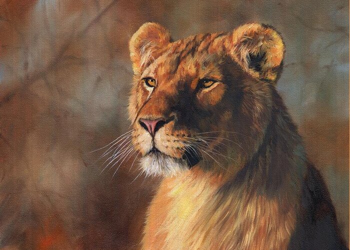 Lioness Greeting Card featuring the painting Lioness Portrait #1 by David Stribbling