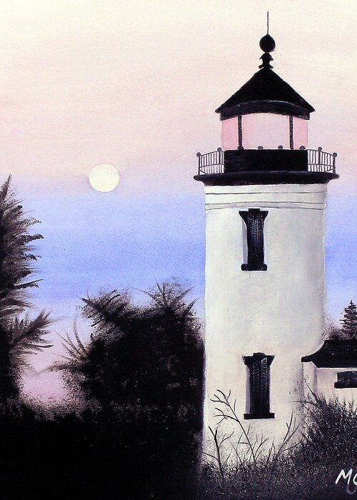 Lighthouse Acrylic Painting Greeting Card featuring the painting Lonesome Lighthouse by Mary Gaines