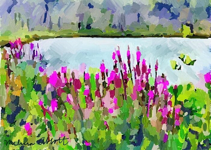 Pond Greeting Card featuring the painting Loosestrife Blooming At Sleepy Hollow Pond #1 by Melissa Abbott