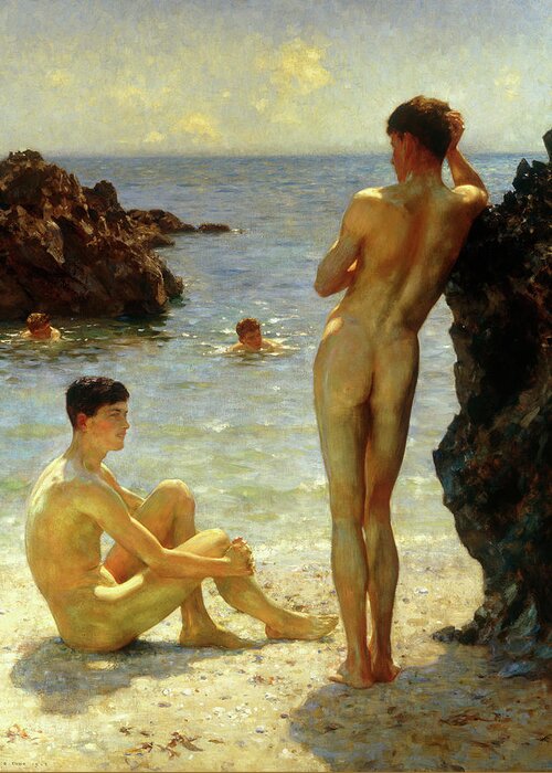 Henry Scott Tuke Greeting Card featuring the painting Lovers Of The Sun #1 by Henry Scott Tuke