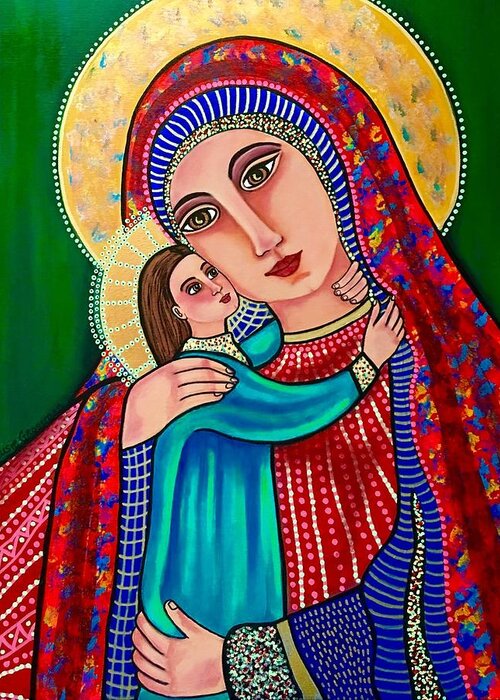 Mary/ Madonna And Child/jesus/blessed Virgin Mary/ Halos/veil/ Beads/gold/blue/red//icon Of Mary Greeting Card featuring the painting Madonna and Child Jesus #1 by Susie Grossman